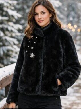 ZARA FAUX FUR BLACK EMBELLISHED JACKET NWOT SIZE S